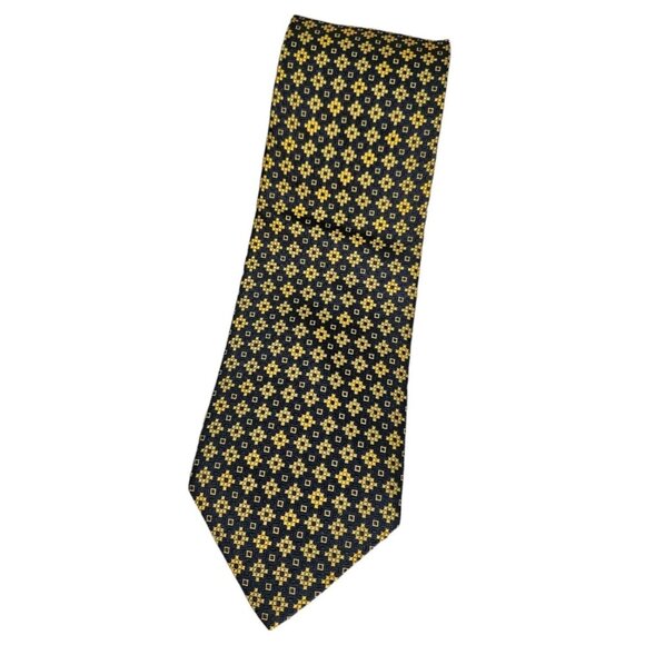HARMONT & BLANE Men's 100% Silk Necktie LUXURY XL Navy Gold Geometric W:3.7" EUC